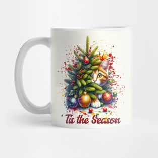 Cat hiding behind Christmas Tree Mug